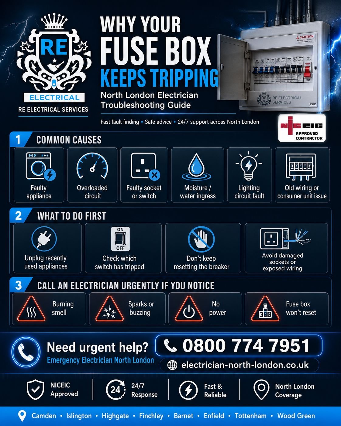 Electrician attending an out-of-hours emergency in North London