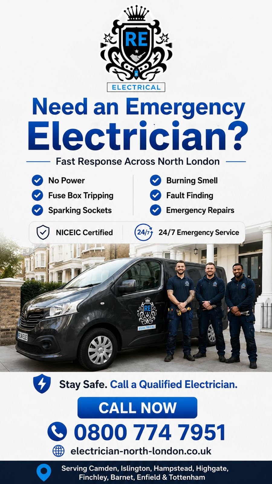 Electrician diagnosing an emergency electrical fault in a North London home